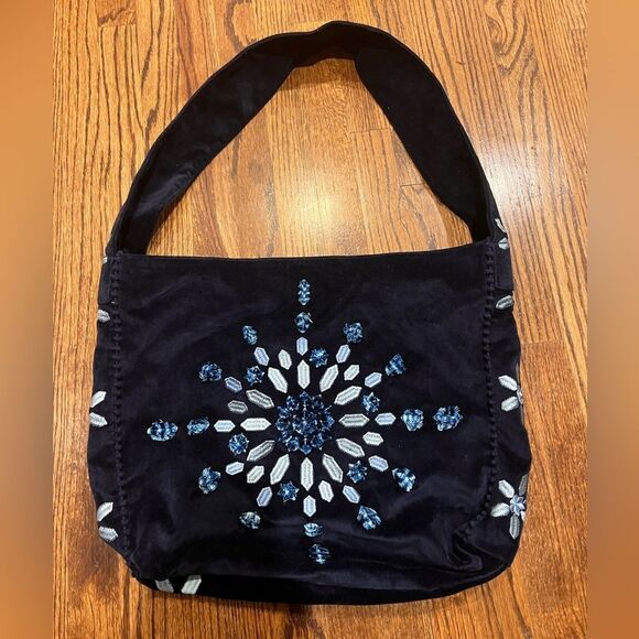 Free People Valera Embroidered Velvet Bag in Navy Blue NWOT - Picture 2 of 5